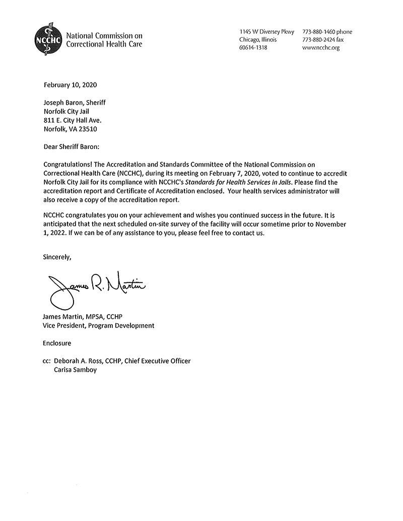 NCCHC accredidation letter 2020 2